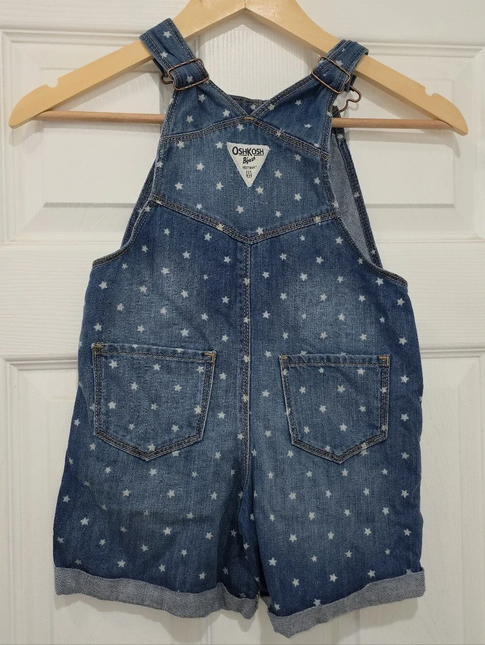 OshKosh B'gosh Girls' Blue Star Print Denim Short Overalls, Size 5T